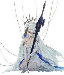 Rule 34 | 1girl, arknights, bare shoulders, blue nails, blue ribbon, breasts, bridal gauntlets, cleavage, closed mouth, collarbone, dress, elbow gloves, full body, gloves, grey hair, hair between eyes, holding, holding weapon, large breasts, long hair, looking at viewer, nail polish, red eyes, ribbon, seiza, simple background, sitting, sleeveless, sleeveless dress, solo, specter (arknights), sword, theta (swfh8575), veil, very long hair, weapon, white background, white dress, white gloves, white hair, white veil