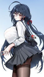 Rule 34 | 1girl, ahoge, azur lane, bag, black hair, blue background, bra visible through clothes, breasts, charm (object), collared shirt, commentary request, crossed bangs, dress shirt, foxyreine, from side, glasses, gradient background, hair ribbon, highres, honolulu (azur lane), honolulu (umbrella girl) (azur lane), huge breasts, interlocked fingers, long hair, looking at viewer, low twintails, miniskirt, official alternate costume, pantyhose, parted lips, patreon logo, patreon username, pink eyes, pleated skirt, red ribbon, ribbon, school bag, see-through, shirt, skirt, solo, taihou (azur lane), taihou (sweet time after school) (azur lane), thighband pantyhose, twintails, very long hair, watermark, web address, white background, white shirt, wind, wind lift