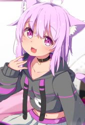 Rule 34 | 1girl, absurdres, ahoge, animal ear fluff, animal ears, black hoodie, blurry, blurry background, blush, breasts, cat ears, cat girl, cat tail, cleavage, collar, collarbone, commentary, depth of field, fang, food, food on face, hair between eyes, highres, hololive, hood, hood down, hoodie, indoors, long sleeves, looking at viewer, medium breasts, nekomata okayu, nekomata okayu (1st costume), okota mikan, open mouth, pants, purple eyes, purple hair, rice, smile, solo, symbol-only commentary, tail, virtual youtuber, white pants