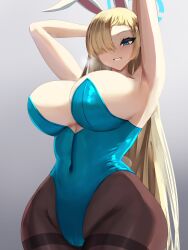 Rule 34 | 1girl, animal ears, armpits, arms up, asuna (blue archive), asuna (bunny) (blue archive), bare arms, bare shoulders, blonde hair, blue archive, blue eyes, blue halo, blue leotard, blush, breasts, brown pantyhose, covered navel, fake animal ears, gradient background, grey background, hair over one eye, halo, highres, large breasts, leotard, long hair, looking at viewer, one eye covered, pantyhose, parted lips, rabbit ears, sana!rpg, simple background, smile, solo, thighband pantyhose, wide hips