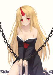 Rule 34 | 1girl, ankle cuffs, bare shoulders, black dress, blonde hair, blush, breasts, chain, cleavage, closed mouth, collarbone, dress, feet out of frame, highres, horns, hoshiguma yuugi, kneeling, long hair, long sleeves, looking at viewer, medium breasts, red eyes, single horn, solo, thomas 8000, touhou, white background, wrist cuffs