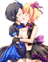 Rule 34 | 10s, 2girls, blonde hair, blue hair, blush, breasts, closed eyes, couple, dress, french kiss, from side, gloves, hair ornament, hayami kanade, highres, idolmaster, idolmaster cinderella girls, kiss, large breasts, md5 mismatch, midriff, miyamoto frederica, multiple girls, nipples, open mouth, parted bangs, resolution mismatch, short hair, skirt, source smaller, tongue, tongue out, vest, yoshimo, yuri