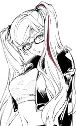 1girl :p arms_at_sides artist_name axis_powers_hetalia breasts cropped_jacket facing_down from_below genderswap genderswap_(mtf) glasses greyscale head_down highres large_breasts long_hair long_sleeves looking_at_viewer midriff monochrome multicolored_hair navel parted_bangs rectangular_eyewear simple_background solo spikes spot_color streaked_hair three_quarter_view tongue tongue_out tunaongr twintails twitter_username united_kingdom_(female)_(hetalia) united_kingdom_(hetalia) upper_body white_background