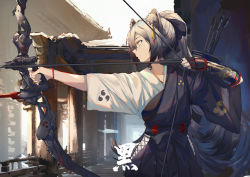 Rule 34 | 1girl, animal ears, archery, arknights, arrow (projectile), bow (weapon), breasts, cat ears, compound bow, fingerless gloves, gloves, holding, holding bow (weapon), holding weapon, japanese clothes, kyuudou, long hair, looking afar, muneate, partially fingerless gloves, partly fingerless gloves, profile, qtian, schwarz (arknights), silver hair, single glove, solo, weapon, wide sleeves, yellow eyes, yugake