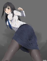 Rule 34 | 10s, 1girl, aldnoah.zero, ass, black hair, breasts, cleavage, kaizuka yuki, long hair, looking at viewer, open mouth, pantyhose, simple background, solo, wet clothes, yellow eyes