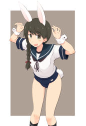 Rule 34 | 1girl, :d, animal ears, arms up, black socks, blue one-piece swimsuit, blush, braid, brown eyes, brown hair, feet out of frame, hair ribbon, kantai collection, kugui kiyunemu, long hair, looking at viewer, neckerchief, old school swimsuit, one-piece swimsuit, open mouth, playboy bunny swimsuit, rabbit ears, rabbit girl, rabbit tail, red ribbon, ribbon, school swimsuit, school uniform, serafuku, short sleeves, simple background, single braid, smile, socks, solo, swimsuit, swimsuit under clothes, tail, uranami (kancolle), wrist cuffs