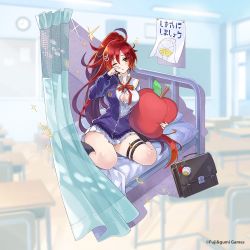 Rule 34 | apple, apple pillow, bag, bed, blush, breasts, bulletin board, chalkboard, choker, cleavage, clock, curtains, food, fruit, hospital bed, infirmary, large breasts, legband, littu (phantom of the kill), messy clothes, messy hair, official art, one eye closed, open mouth, orange eyes, phantom of the kill, pillow, ponytail, poster (object), red eyes, ribbon choker, school bag, school uniform, skirt, sleepy, solo, speaker, thighhighs, unbuttoned, unbuttoned shirt, unzipped