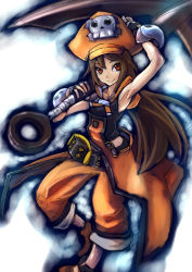 Rule 34 | 1girl, anchor, armpits, belt, brown hair, fingerless gloves, gloves, guilty gear, guilty gear xrd, hat, huge weapon, long hair, may (guilty gear), orange hat, orange shirt, pants, pants rolled up, pirate hat, red eyes, shirt, skull and crossbones, smile, solo, sowel (sk3), weapon