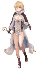 Rule 34 | 1girl, blonde hair, blush, boots, breasts, brown cape, brown dress, brown footwear, brown gloves, cape, cleavage, closed mouth, commentary request, double bun, dress, full body, fur-trimmed cape, fur-trimmed gloves, fur trim, gloves, hair bun, high wizard (ragnarok online), highres, holding, holding staff, kathryne keyron, layered dress, medium breasts, ragnarok online, red eyes, sail (sail-away), short dress, short hair, simple background, smile, solo, staff, strapless, strapless dress, two-tone dress, two-tone footwear, white background, white dress