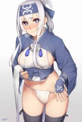 Rule 34 | 10s, 1girl, absurdres, ainu clothes, artist name, bandages, black thighhighs, blue eyes, blush, breasts, clothes lift, cowboy shot, cropped jacket, dress, dress lift, enosan, fingerless gloves, folded ponytail, frown, fundoshi, fundoshi pull, gloves, gradient background, headband, highres, japanese clothes, kamoi (kancolle), kantai collection, large breasts, long hair, looking at viewer, panties, sash, sideboob, silver hair, simple background, solo, thick eyebrows, thighhighs, underwear, upper body, white panties