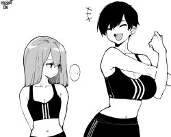 Rule 34 | ..., 2girls, absurdres, arms behind back, breast envy, breasts, cleavage, cross-body stretch, height difference, high contrast, highres, large breasts, long hair, looking at breasts, medium support (meme), melissa renata, meme, midriff, monochrome, multiple girls, navel, norman maggot, olive laurentia, original, pixie cut, short hair, small breasts, spoken ellipsis, sports bra, tall female, triple vertical stripe