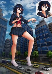 1girl animal ankle_socks bird black_hair black_sailor_collar black_serafuku black_shirt black_skirt blue_eyes blue_sky blush building car cloud cloudy_sky commentary day english_commentary full_body giant giantess highres holding kazenokaze kill_la_kill matoi_ryuuko midriff motor_vehicle multicolored_hair navel neckerchief no_shoes open_mouth outdoors parted_lips pleated_skirt red_hair red_neckerchief sailor_collar school_uniform serafuku shirt skirt sky socks standing standing_on_one_leg streaked_hair tree white_socks