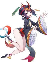 Rule 34 | 1girl, bell, black dress, black footwear, blush, bob cut, braid, breasts, china dress, chinese clothes, cleavage cutout, clothing cutout, commentary, dress, eyeliner, fang, fate/grand order, fate (series), hat, highres, horns, jiangshi, jingle bell, legs, long sleeves, looking at viewer, luse maonang, makeup, nail polish, ofuda, oni, open mouth, peacock feathers, pelvic curtain, purple eyes, purple hair, qingdai guanmao, sash, short eyebrows, short hair, shuten douji (fate), shuten douji (festival outfit) (fate), side slit, simple background, skin-covered horns, small breasts, smile, solo, thighs, white background