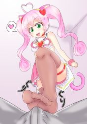 Rule 34 | 10s, 1boy, 1girl, blush, breasts, bulge, choker, fang, feet, footjob, green eyes, hair ornament, heart, hetero, highres, indoors, open mouth, pink hair, pov, rosia (show by rock!!), show by rock!!, skirt, small breasts, tail, thighhighs, toes, twintails, yasuda hakaru