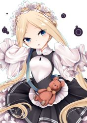 Rule 34 | 1girl, abigail williams (fate), abigail williams (festival outfit) (fate), black skirt, blonde hair, blue eyes, blush, braid, breasts, dress, fate/grand order, fate (series), forehead, french braid, highres, keyhole, kitora (kisekinonameko), long hair, long sleeves, maid, maid headdress, official alternate costume, open mouth, parted bangs, sash, skirt, sleeves past fingers, sleeves past wrists, small breasts, solo, stuffed animal, stuffed toy, teddy bear, very long hair, white dress