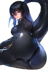 Rule 34 | 1girl, absurdres, ass, ass focus, black bodysuit, blue eyes, blue hair, bodysuit, breasts, from behind, from below, highres, lactucalove, large breasts, latex, latex bodysuit, long hair, multicolored hair, open mouth, original, retasu (lactuca810), shiny clothes, sitting, smile, solo, streaked hair, tail, thick thighs, thighs, white background