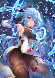 Rule 34 | 1girl, ahoge, black gloves, bodysuit, bow (weapon), breasts, brown bodysuit, detached sleeves, ganyu (genshin impact), genshin impact, gloves, goat horns, hair between eyes, highres, holding, holding bow (weapon), holding weapon, horns, long hair, looking at viewer, medium breasts, pantyhose, signature, solo, thighs, weapon, xephonia