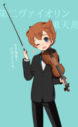 1boy blue_hair blush brown_hair inazuma_eleven inazuma_eleven_(series) inazuma_eleven_go instrument male_focus matsukaze_tenma open_mouth ribbon short_hair smile solo tooru tuxedo violin wink