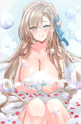Rule 34 | 1girl, air bubble, asuna (blue archive), asymmetrical bangs, bathing, bathtub, blue archive, blush, breasts, bubble, cleavage, completely nude, fingernails, hair over one eye, highres, kaji zarame, knees up, large breasts, light brown hair, long hair, looking at viewer, mole, mole on breast, nail polish, nude, partially submerged, petals, petals on liquid, solo, very long hair