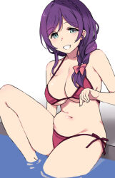 Rule 34 | 1girl, bikini, bow, braid, braided ponytail, breasts, clenched teeth, duke (inu daimyou), green eyes, hair bow, large breasts, long hair, looking at viewer, love live!, love live! school idol project, navel, partially submerged, pink bow, purple hair, red bikini, side-tie bikini bottom, smile, solo, swimsuit, teeth, thighs, tojo nozomi, water