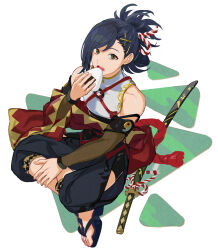 Rule 34 | 1boy, bare shoulders, blue hair, brown eyes, eating, feet, fire emblem, fire emblem engage, folded ponytail, food, highres, holding, holding food, japanese clothes, kagetsu (fire emblem), katana, looking at viewer, male focus, medium hair, mikami, nintendo, onigiri, rope, sandals, shimenawa, solo, sword, weapon, white background