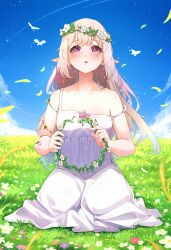 Rule 34 | 1girl, absurdres, blue sky, breasts, bug, butterfly, cleavage, cloud, day, dress, elf, elice elicia, flower, grass, head wreath, highres, indie virtual youtuber, insect, j4ngaro, long hair, looking at viewer, medium breasts, mole, mole under eye, on grass, outdoors, pink eyes, pink hair, pointy ears, seiza, sitting, sky, solo, strap slip, sweat, virtual youtuber, white dress