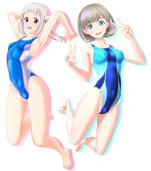 Rule 34 | 2girls, absurdres, arashi chisato, barefoot, blue eyes, blue one-piece swimsuit, blunt bangs, breasts, clothes writing, collarbone, competition swimsuit, covered navel, double bun, double v, full body, grey hair, hair bun, highres, jumping, long hair, looking at viewer, love live!, love live! superstar!!, medium breasts, multicolored clothes, multicolored swimsuit, multiple girls, one-piece swimsuit, open mouth, parted bangs, red eyes, round teeth, short hair, simple background, single sidelock, small breasts, smile, solo, swimsuit, takafumi, tang keke, teeth, twintails, upper teeth only, v, white background, white hair