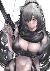 Rule 34 | 1girl, absurdres, animal ears, arknights, bare shoulders, black scarf, bow (weapon), breasts, cat ears, cleavage, commentary, crop top, crossbow, grey hair, hair over one eye, highres, holding, holding crossbow, holding weapon, large breasts, long hair, looking at viewer, midriff, navel, scarf, schwarz (arknights), simple background, solo, stomach, upper body, very long hair, weapon, white background, yellow eyes, yujieai