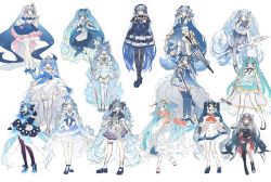 Rule 34 | 6+girls, absurdly long hair, absurdres, animal ears, aqua hair, bare shoulders, black socks, blue collar, blue dress, blue eyes, blue flower, blue footwear, blue hair, blue legwear, blue neckerchief, borrowed design, bow, cape, clam shell, collar, collared dress, crossed legs, crystal, dress, dress flower, expressionless, flag, flower, food-themed hair ornament, footwear bow, frilled dress, frills, full body, gloves, gradient hair, hair ornament, hair stick, hand fan, hand on own chest, harp, hat, hatsune miku, headdress, high heels, highres, holding, holding fan, holding flag, holding instrument, holding scepter, holding umbrella, index finger raised, instrument, japanese clothes, jumping, kneehighs, krlouvf, layered dress, leaning forward, leg up, long hair, looking at viewer, mask, mask on head, multicolored hair, multiple girls, multiple persona, neckerchief, one eye closed, open mouth, pantyhose, paper fan, red eyes, sailor collar, sailor hat, scepter, shamoji, single thighhigh, skirt hold, smile, snowflake ornament, snowflake print, socks, staff, standing, thighhighs, tiara, tongue, tongue out, twintails, uchiwa, umbrella, very long hair, vocaloid, white background, white footwear, white gloves, white hair, white headwear, white legwear, white neckerchief, wide sleeves, yuki miku, yuki miku (2022) (applicant), yuki miku (2022) (candidate no.3)