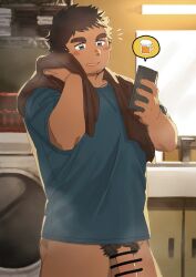 Rule 34 | 1boy, bara, blue shirt, blush, bottomless, brown hair, cowboy shot, dark-skinned male, dark skin, day, drying, drying body, facial hair, goatee stubble, haishiba ame, highres, holding, holding phone, indoors, light rays, looking at phone, male focus, male pubic hair, notice lines, original, penis, penis out of frame, phone, pubic hair, shirt, short hair, smile, stubble, thick eyebrows, towel, towel around neck, washing machine