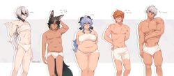 Rule 34 | 1girl, 4boys, absurdres, ahoge, alternate body size, animal ear fluff, animal ears, arms behind back, artist name, black horns, blue hair, body freckles, breasts, character request, closed mouth, commentary, english commentary, english text, feet out of frame, freckles, ganyu (genshin impact), genshin impact, grey background, hair between eyes, highres, horns, large breasts, legs together, long hair, looking at viewer, looking to the side, multiple boys, nifast (greentail), open mouth, orange eyes, plump, sidelocks, straight-on, stretch marks, thick thighs, thighs, twitter username, white background