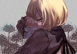 Rule 34 | 1girl, black shirt, blonde hair, ceres (shuuen no virche), covering own mouth, facing to the side, floral background, flower, formal, green eyes, grey background, highres, long sleeves, looking at viewer, shirt, shuuen no virche, signature, solo, spider lily, yasaimorimog