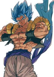 Rule 34 | 1boy, abs, absurdres, artist name, baggy pants, biceps, black vest, black wristband, blue eyes, blue hair, blue sash, clenched hands, closed mouth, collarbone, cowboy shot, dragon ball, dragon ball super, gogeta, highres, looking at viewer, male focus, metamoran vest, muscular, muscular male, open clothes, open vest, pants, pectorals, relio db318, sash, simple background, smile, smirk, solo, spiked hair, standing, super saiyan, super saiyan blue, twitter username, v-shaped eyebrows, veins, vest, white background, white pants, wristband