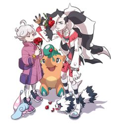 Rule 34 | 2boys, ahoge, bede (pokemon), belt, bike shorts, black hair, boots, closed mouth, coat, commentary request, creatures (company), cropped jacket, cufant, curly hair, flower, galarian form, galarian zigzagoon, game freak, gen 8 pokemon, green eyes, grey hair, gym leader, hatenna, holding, holding flower, jacket, leggings, long hair, male focus, multicolored hair, multiple boys, nintendo, ohhhhhhtsu, petals, piers (pokemon), pokemon, pokemon (creature), pokemon swsh, purple coat, purple eyes, purple footwear, red flower, shirt, shoes, short hair, smile, standing, two-tone hair, watch, white hair, white jacket, wristwatch