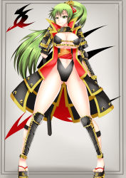 Rule 34 | 1girl, absurdres, armor, breasts, cleavage, dual wielding, female focus, fingerless gloves, fire emblem, full body, gloves, gluteal fold, green eyes, green hair, haarmades, hair ornament, highres, holding, japanese armor, large breasts, leotard, long hair, lyn (fire emblem), nintendo, ponytail, self-upload, smile, solo, spread legs, standing