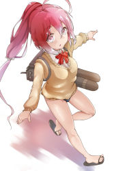 Rule 34 | 10s, 1girl, ahoge, bare legs, batatata77, buruma, i-168 (kancolle), kantai collection, ponytail, red eyes, red hair, sandals, school uniform, simple background, solo, sweater, white background