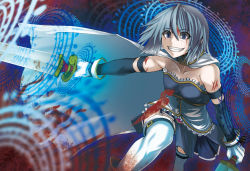Rule 34 | 10s, 1girl, bare shoulders, blood, bloody tears, blue eyes, blue hair, cape, circle, dual wielding, gloves, grin, holding, magical girl, mahou shoujo madoka magica, mahou shoujo madoka magica (anime), matching hair/eyes, miki sayaka, outstretched arm, short hair, smile, solo, sword, tenjiku nezumi, thighhighs, weapon, white gloves, white thighhighs