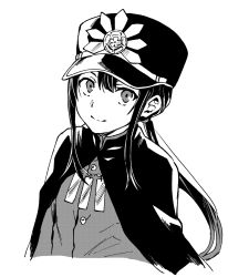 Rule 34 | 1boy, cloak, closed mouth, cropped torso, family crest, fate/grand order, fate (series), greyscale, hair between eyes, hat, highres, jacket, long hair, looking at viewer, low ponytail, male focus, monochrome, oda nobukatsu (fate), oda uri, peaked cap, ponytail, sidelocks, simple background, smile, solo, tachitsu teto, upper body, very long hair, white background