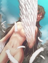 Rule 34 | 1girl, @doy, brown hair, commentary, completely nude, convenient censoring, feathered wings, feathers, harpy, highres, long hair, monster girl, navel, nude, open mouth, original, outdoors, red eyes, solo, very long hair, white feathers, white wings, winged arms, wings