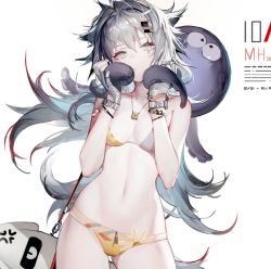 Rule 34 | 1girl, animal ears, arknights, bare shoulders, bikini, bracelet, breasts, collarbone, cowboy shot, fingerless gloves, gloves, grey eyes, grey gloves, hair between eyes, hair ornament, hairclip, jewelry, charm (object), lappland (arknights), liduke, long hair, looking at viewer, medium breasts, necklace, octopus, scar, scar across eye, scar on face, silver hair, simple background, solo, stomach, strap, swimsuit, tentacles, white background, wolf ears