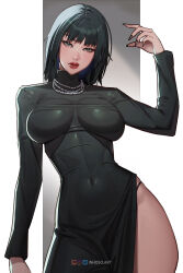 Rule 34 | 1girl, artist name, bead necklace, beads, black nails, blunt bangs, closed mouth, commentary, dress, fubuki (one-punch man), green eyes, green hair, highres, inhoso, instagram logo, jewelry, lips, looking at viewer, nail polish, necklace, one-punch man, patreon logo, red lips, short hair, solo, turtleneck, turtleneck dress, twitter logo