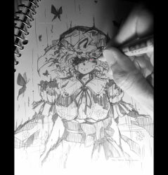 Rule 34 | 1girl, blood, breasts, bug, butterfly, artistic error, female focus, ghost, greyscale, hat, insect, japanese clothes, kimono, large breasts, monochrome, notebook, oso (toolate), pen, photo (medium), pink eyes, saigyouji yuyuko, short hair, solo, spot color, touhou, traditional media