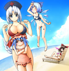 Rule 34 | 3:, 3:&lt;, 4girls, anger vein, angry, arm up, bare legs, bare shoulders, barefoot, beach, bikini, blue eyes, blue hair, blush, bow, braid, breast rest, breasts, breasts on head, brown hair, casual one-piece swimsuit, cirno, cleavage, cloud, crossed arms, day, dissolving clothes, dutch angle, closed eyes, flying, frilled swimsuit, frills, hair bow, hakurei reimu, hat, height difference, ice, ice wings, kintarou (kintarou&#039;s room), large bow, large breasts, long hair, melting, multiple girls, navel, nurse cap, o3o, one-piece swimsuit, outdoors, red eyes, remilia scarlet, sand, single braid, sitting, sky, spit take, spitting, sunglasses, sweat, swimsuit, thigh gap, touhou, v-shaped eyebrows, very long hair, wardrobe malfunction, wings, yagokoro eirin