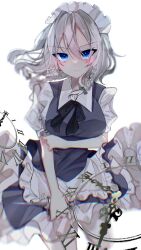 Rule 34 | 1girl, absurdres, apron, arm under breasts, blue eyes, bow, braid, breasts, clock face, closed mouth, collared shirt, commentary, frilled apron, frills, green bow, hair between eyes, hair bow, highres, izayoi sakuya, knife, looking at viewer, maid, maid apron, maid headdress, medium breasts, puffy short sleeves, puffy sleeves, roman numeral, shion 343, shirt, short hair, short sleeves, signature, solo, touhou, twin braids, twitter username, waist apron, white apron, white background