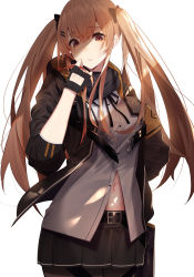 Rule 34 | 1girl, adjusting collar, blush, breasts, brown eyes, brown hair, cowboy shot, fingerless gloves, girls&#039; frontline, gloves, grey skirt, hair between eyes, hair ornament, hairclip, highres, jacket, kisui (28992125), light particles, long hair, looking at viewer, navel, pantyhose, parted lips, ribbon, scar, scar across eye, scar on face, scarf, shirt, sidelocks, simple background, skirt, smile, twintails, ump9 (girls&#039; frontline), untucked shirt, white background