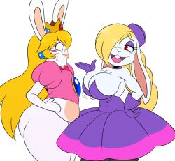 Rule 34 | 2girls, blonde hair, blue gloves, breast envy, breasts, rabbit, cleavage, crown, dress, eric lowery, eyelashes, furry, gloves, hair over one eye, hariet (mario), hat, highres, looking at another, looking at breasts, mario (series), mario + rabbids kingdom battle, motion lines, multiple girls, nintendo, rabbid, red eyes, simple background, standing, super mario bros. 1, super mario odyssey, white background