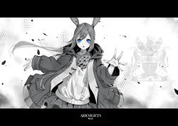 Rule 34 | 1girl, amiya (arknights), animal ears, arknights, ascot, blue eyes, center frills, commentary, copyright name, frills, highres, hood, hood down, hooded jacket, jacket, jewelry, letterboxed, long hair, long sleeves, looking at viewer, lulu-chan92, monochrome, open clothes, open jacket, open mouth, plaid, plaid skirt, pleated skirt, ponytail, rabbit ears, ring, shirt, sidelocks, skirt, solo, spot color, thumb ring, v-shaped eyebrows, very long hair