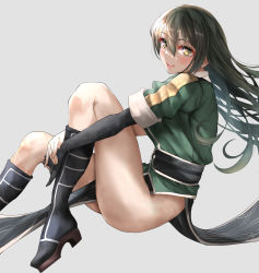 Rule 34 | 1girl, black eyes, black footwear, black gloves, black hair, blush, boots, breasts, chikuma (kancolle), chikuma kai ni (kancolle), clothes between thighs, commentary request, elbow gloves, gloves, green shirt, grey background, highres, kantai collection, large breasts, long hair, looking at viewer, no panties, pelvic curtain, puffy short sleeves, puffy sleeves, shirt, short sleeves, simple background, single elbow glove, solo, tororo ten