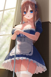 Rule 34 | 1girl, :o, absurdres, against wall, apron, blue dress, blue eyes, breasts, brown hair, cleavage, corset, cowboy shot, dress, eyebrows hidden by hair, frilled dress, frills, garter straps, go-toubun no hanayome, hair between eyes, highres, hiyoku, indoors, large breasts, long hair, looking at viewer, maid, maid headdress, nakano miku, open mouth, own hands together, short sleeves, solo, straight hair, thighhighs, waist apron, white apron, white thighhighs, window, zettai ryouiki