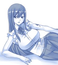 Rule 34 | 1girl, blue theme, breasts, erza scarlet, fairy tail, hair between eyes, highres, large breasts, long hair, looking at viewer, mashima hiro, official art, simple background, white background